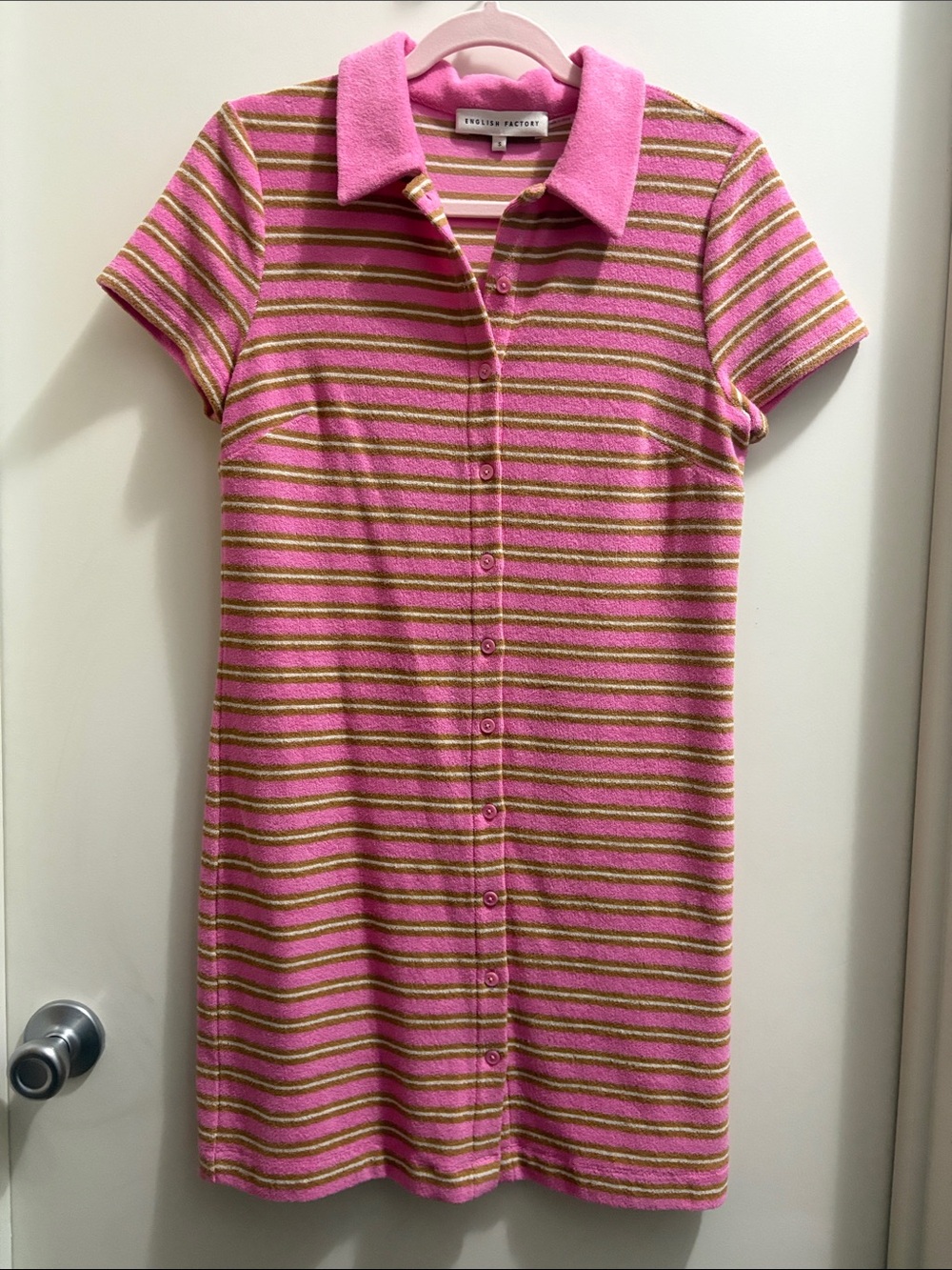 English Factory Pink and Olive Striped Polo Shirt Dress terry material